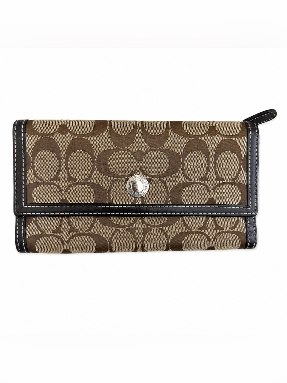Coach Signature Monogram Long Wallet Brown Tan Leather Trim